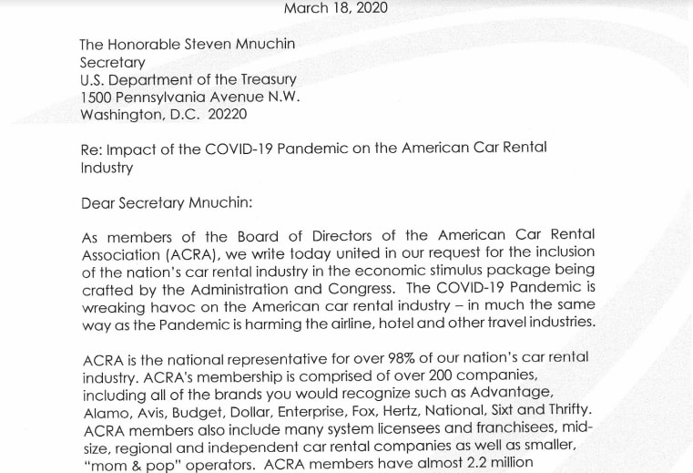 ACRA Letter to Treasury Secretary Asks for COVID-19 Relief