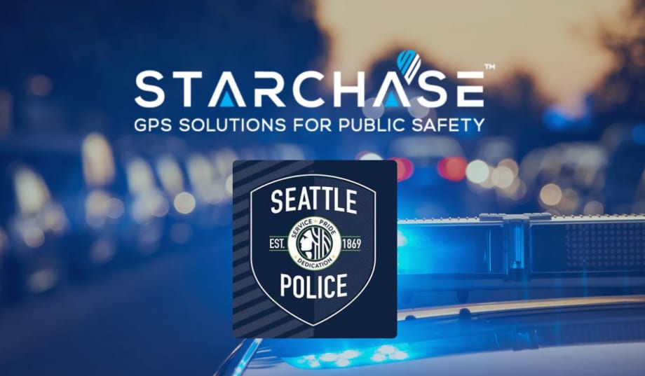 A background picture of a police car with the patrol lights on and the Seattle Police Department and StarChase logos.