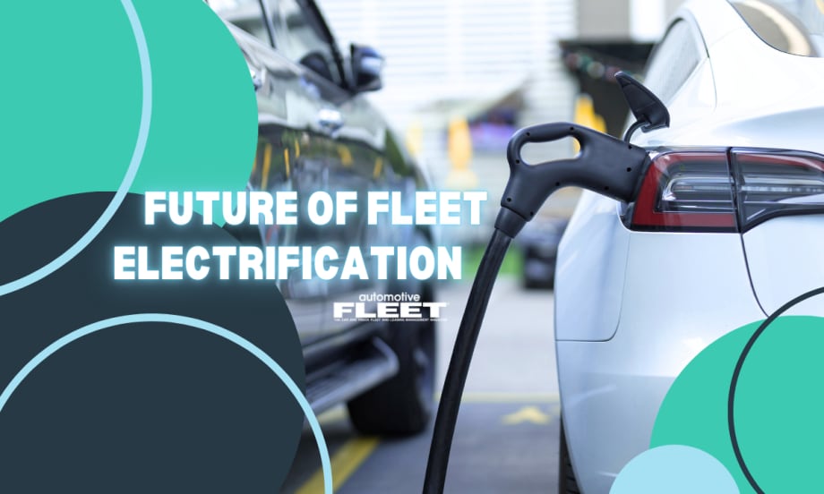 Image of an electric car plugged into to a charging port with the words "Future of Fleet Electrification" in neon sign font.