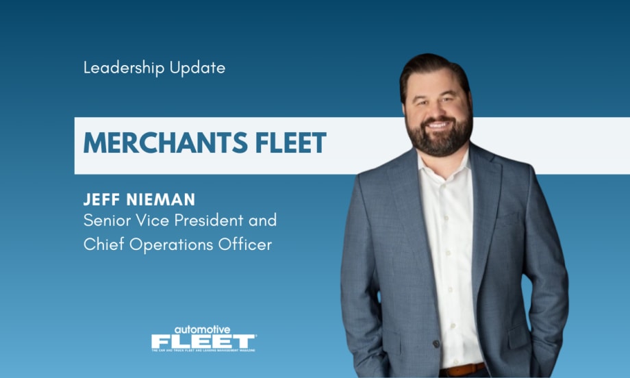 A blue and white graphic detailing Jeff Nieman's new role at Merchants Fleet.