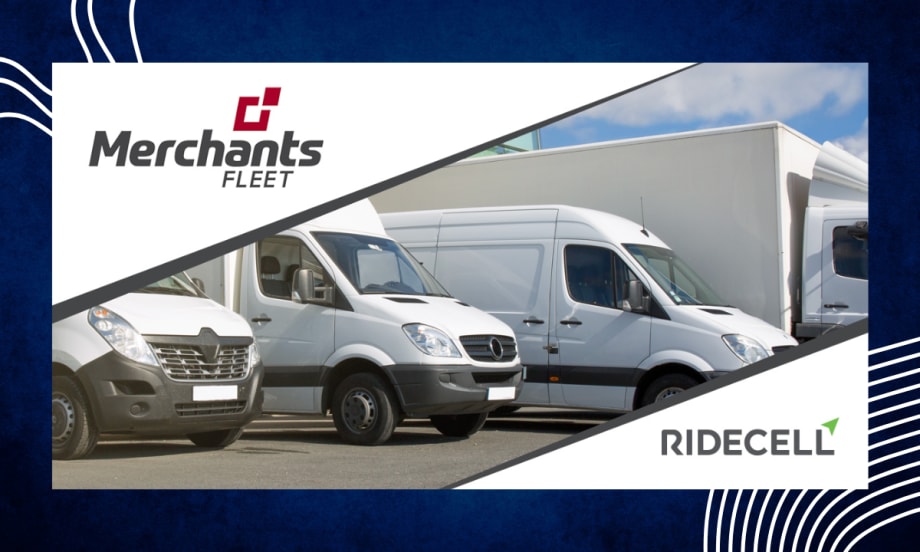 An image depicting white fleet vehicles diagonally sandwiched by Merchants Fleet and Ridecell logos, respectfully.