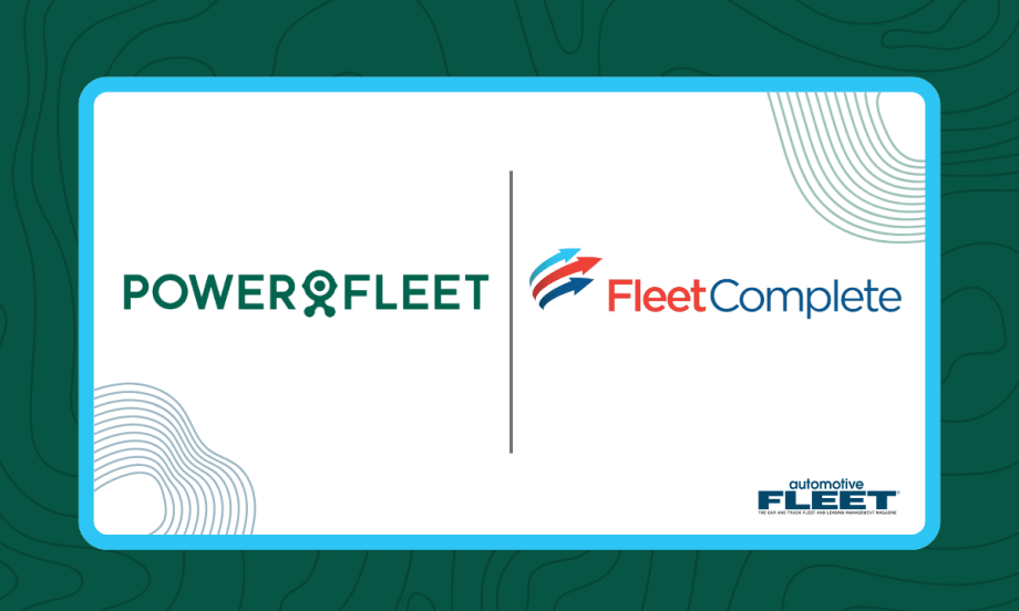 Dark green and light blue graphic with Powerfleet and Fleet Complete logos.