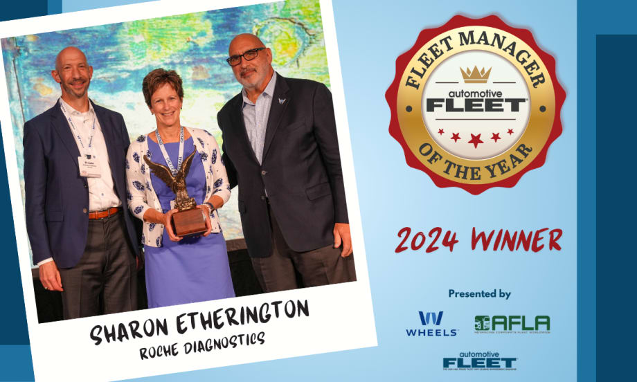 A blue and red graphic announcing Sharon Etherington as the 2024 Fleet Manager of the Year. A picture of her on stage with the award is included.