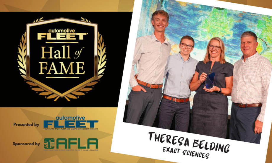 A black and gold graphic with an emblem for "Fleet Hall of Fame" and a polaroid element with a picture of Belding and her family.