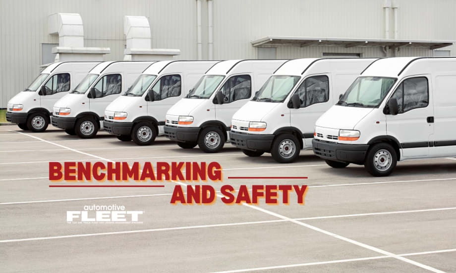 A lineup of white fleet vans in a parking lot with the text "Benchmarking and Safety".