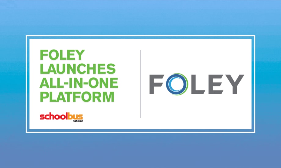 Blue, white and green graphic with a Foley logo and text reading "Foley Launches All-in-One Platform."