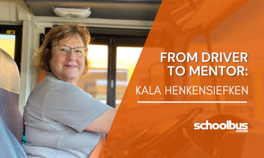 Kala Henkensiefken poses for a photo in the driver's seat of a school bus. Text reads: "From Driver to Mentor: Kala Henkensiefken."