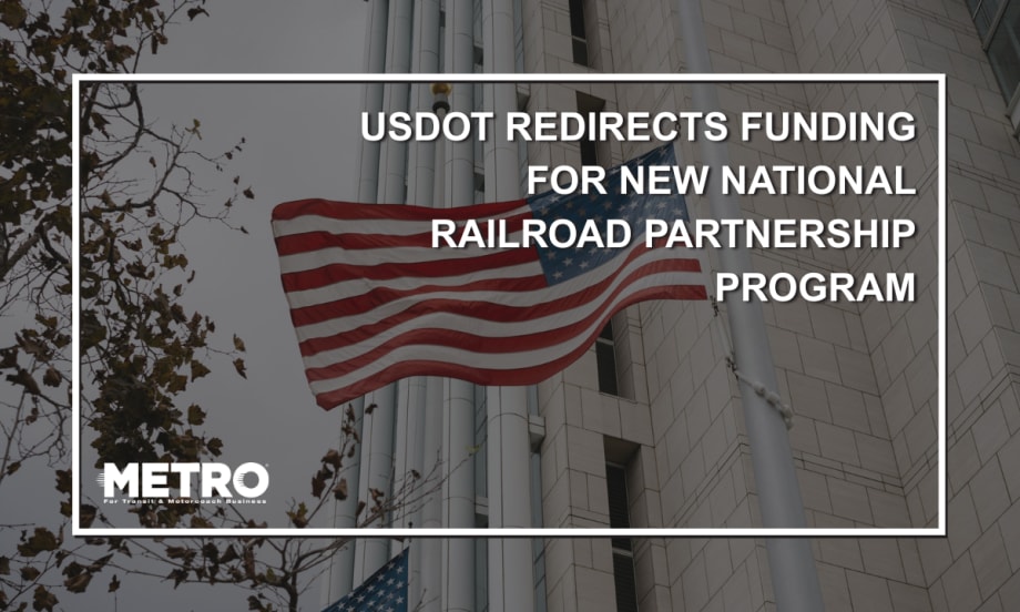 A graphic with an American flag and text reading USDOT Redirects Funding for New National Railroad Partnership Program.