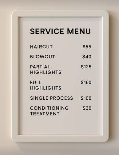 A salon service menu