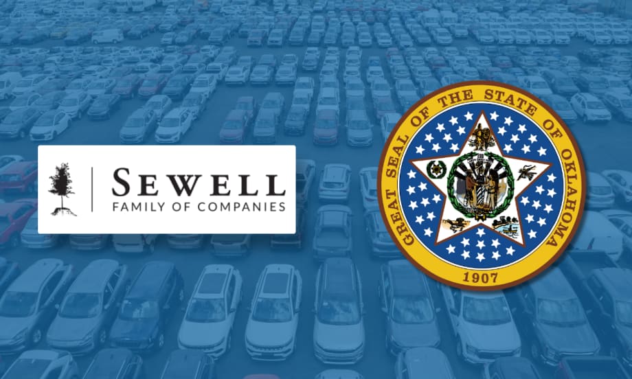 Graphic showing Sewell Family of Companies logo and Oklahoma state seal over a background of parked vehicles, representing a statewide fleet contract agreement.