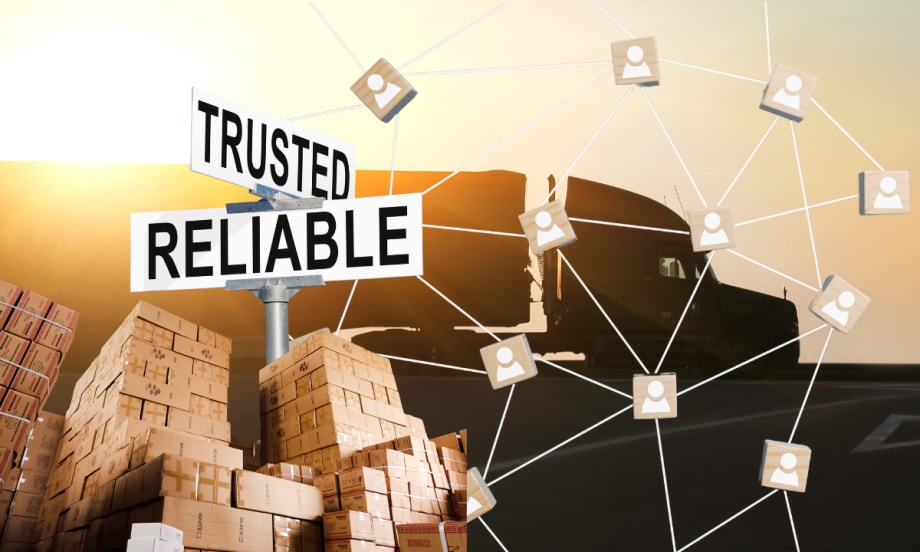 Illustration showing truck on highway, boxes of freight, communication, reliability