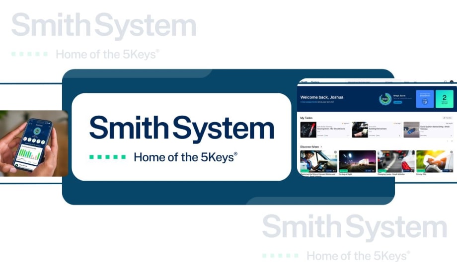 Smith System graphic featuring a smartphone with driver performance analytics, a dashboard interface with learning modules and task tracking, and the company’s tagline 'Home of the 5Keys."