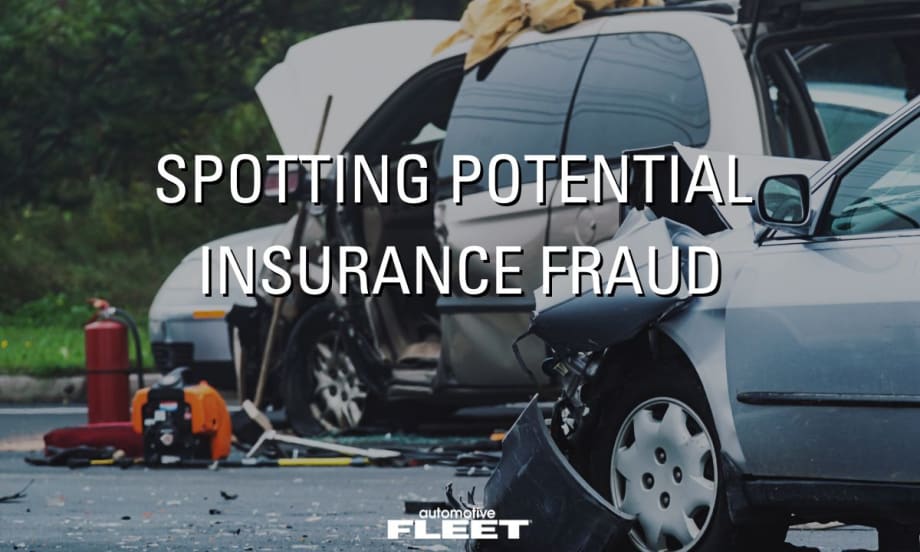 Two vehicles in a collision with the title "Spotting Potential Insurance Fraud" overlayed and the Automotive Fleet logo at the bottom.