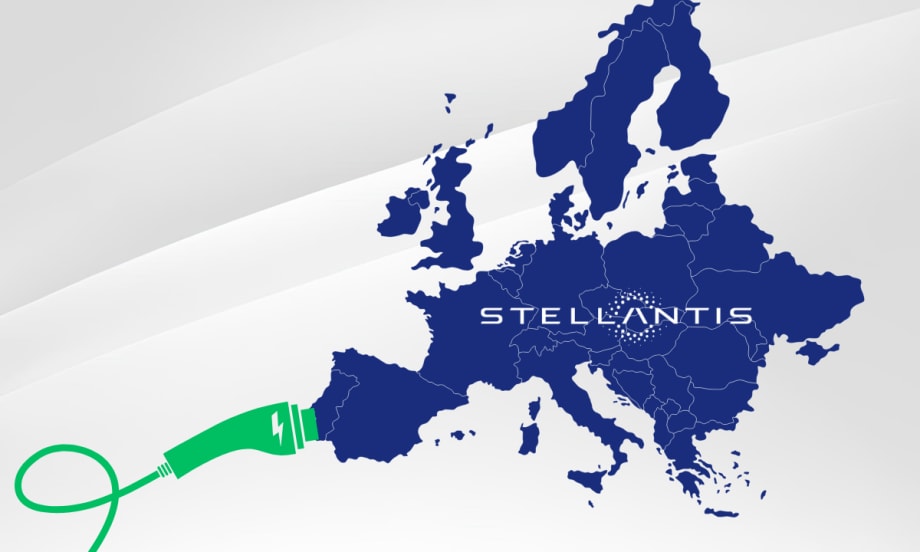 Graphic of a map of Europe with the Stellantis logo and a green EV charging cable, illustrating the automaker’s new affordable small electric vehicle project in Europe.