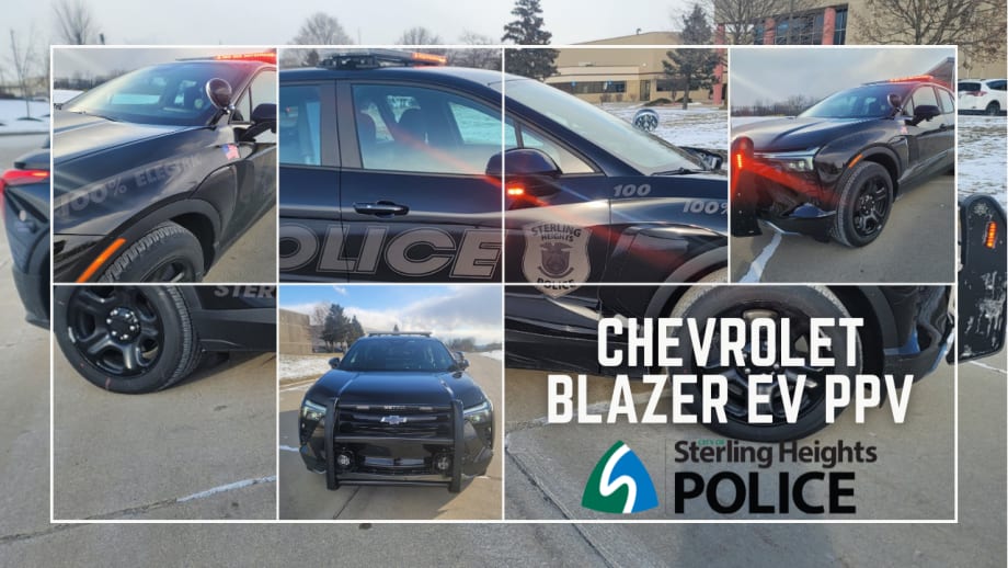 A collage of a black Sterling Heights upfitted police car is shown.