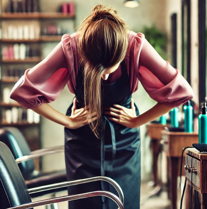 A woman leaning over a chair.