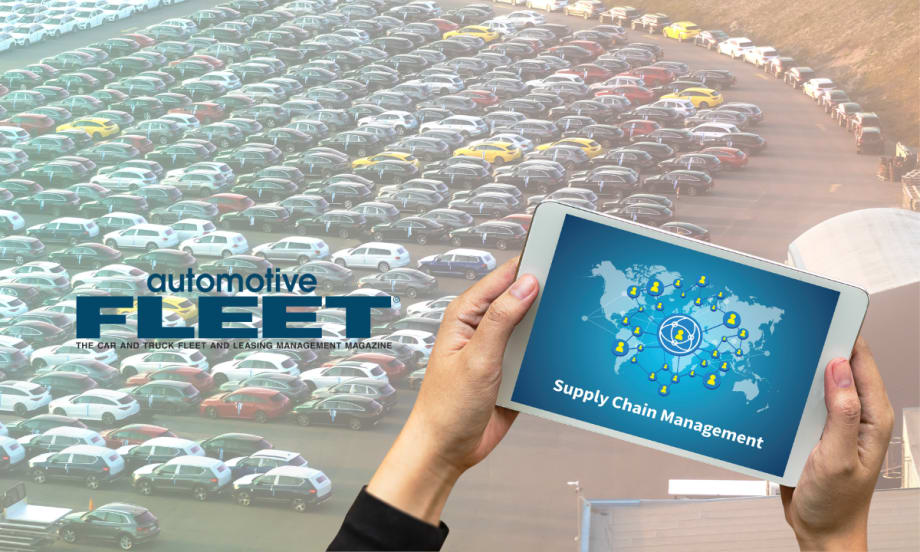 Photo of hundreds of cars in parking lot and tablet with "supply chain management" written on it.