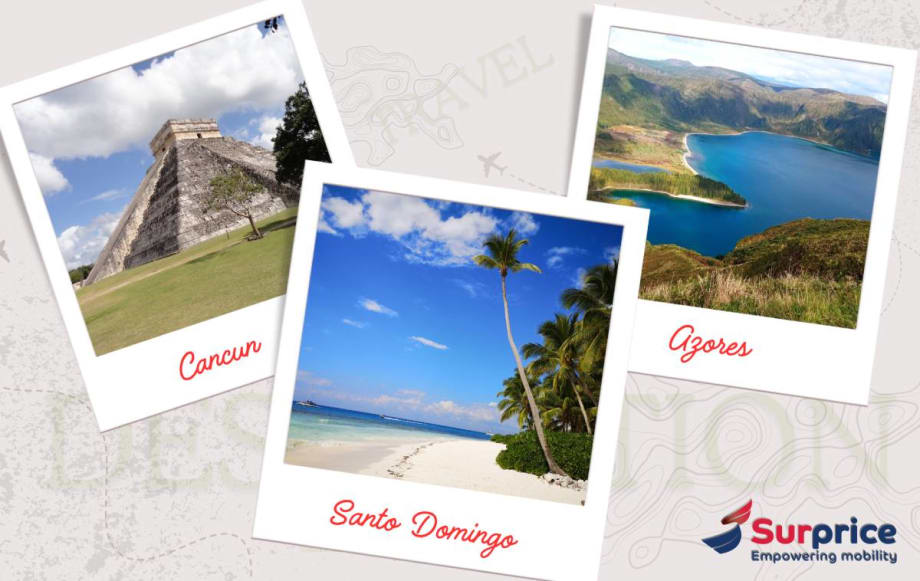 Photos of scenery in Cancun, Santo Domingo, and Azores.