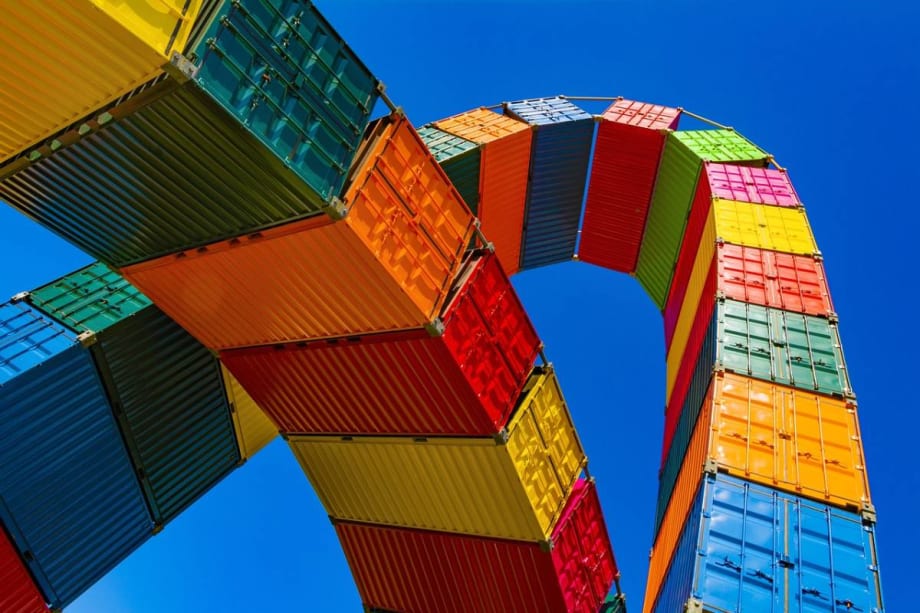 Colorful aerial arcs of shipping containers.