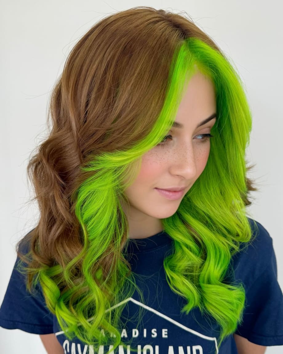 A woman with bright green hair.