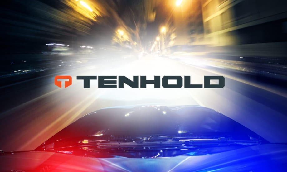 Tenhold logo over blurred nighttime driving scene with police lights, representing vehicle outfitting solutions designed for first responder safety and equipment access.