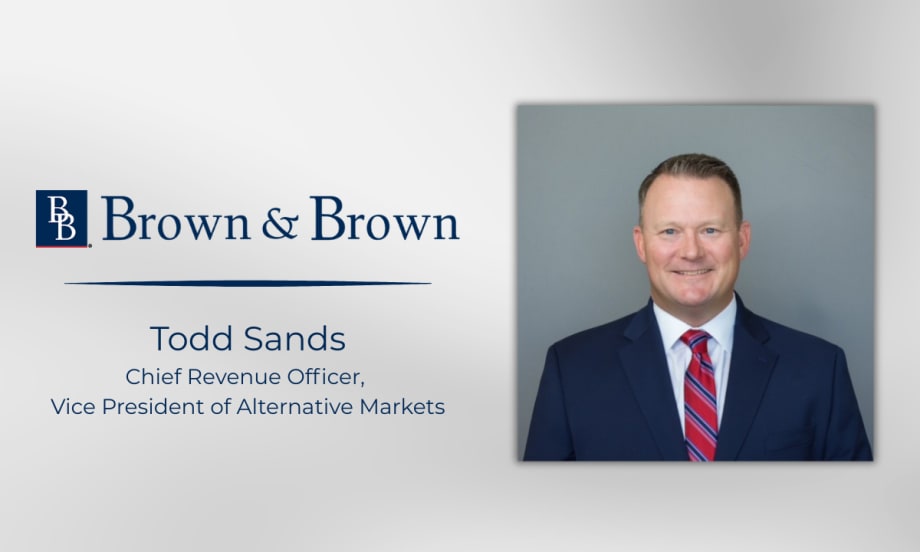 Portrait of Todd Sands with Brown & Brown branding, announcing his appointment as chief revenue officer and vice president of alternative markets.