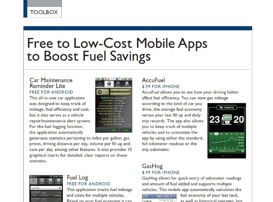 Toolbox - Free to Low-Cost Mobile Apps to Boost Fuel Savings