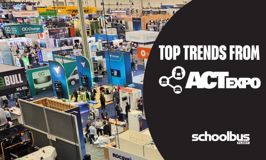 Graphic showing a wide overhead view of the ACT Expo 2026 trade show floor filled with exhibitors, charging technology displays, and attendees. A black overlay on the right side features the text “Top Trends from ACT Expo” alongside the ACT Expo logo and School Bus Fleet branding.