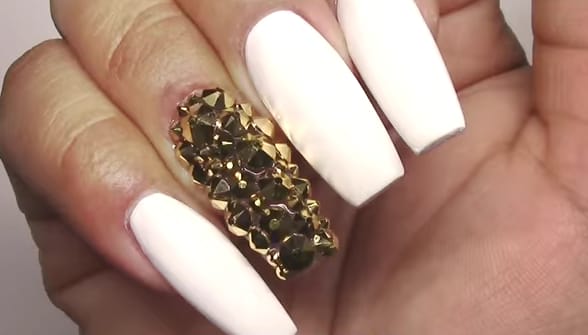 Matte White Gold Bling Coffin Acrylic Nails