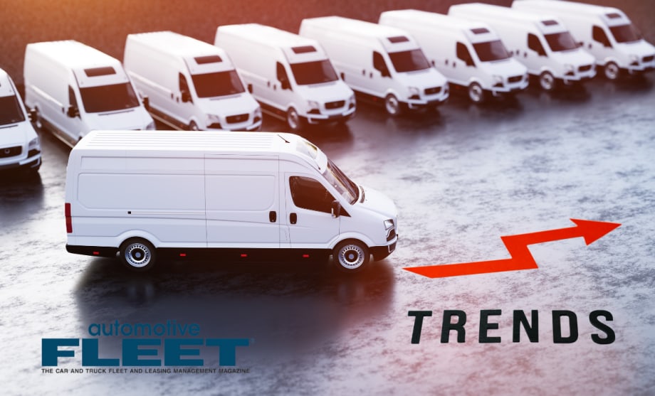 white commercial vans with an arrow indicating upward trend.