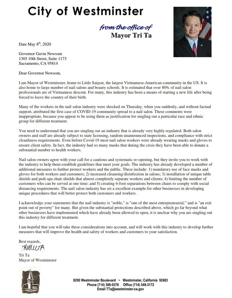 Westminster Mayor Tri Ta Responds to Governor Newsom's Nail Salon Claims