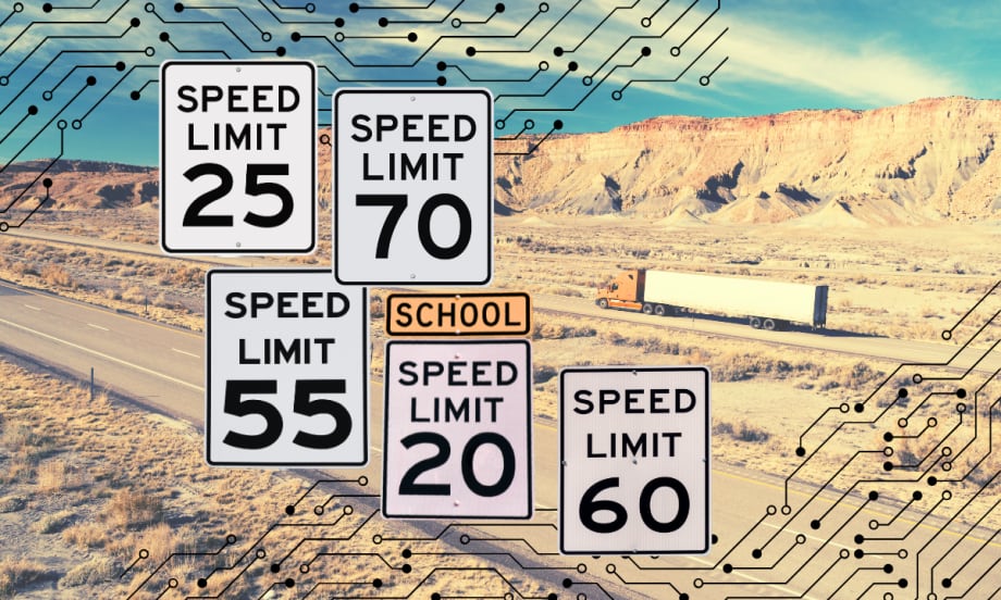 Illustration of speed limit signs with truck on highway in background