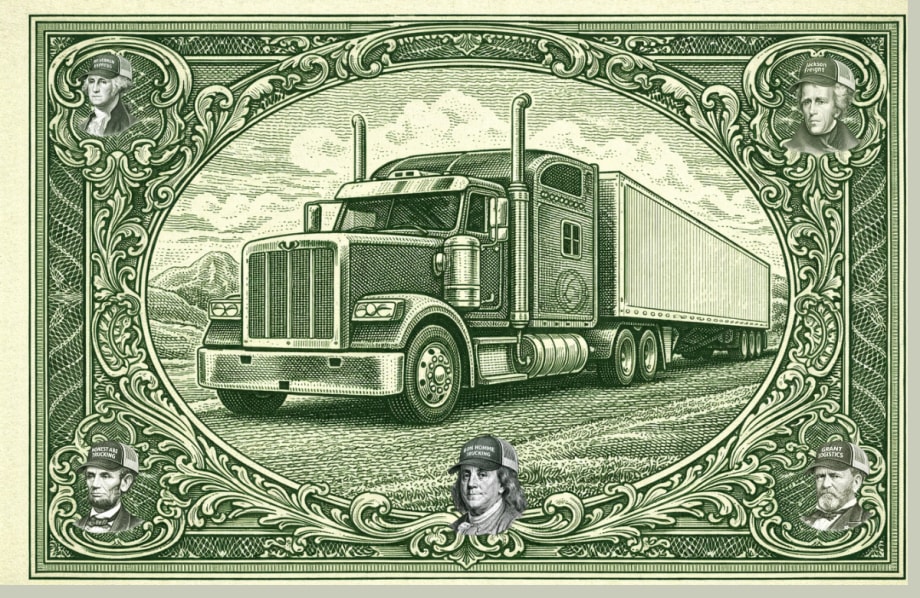 Illustrated semi truck framed like a dollar bill, symbolizing the trucking industry’s role in the U.S. economy and freight movement.