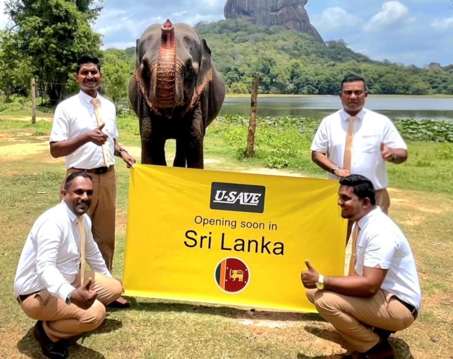 Rental car franchise employees hold up a yellow square U-Save banner in front of a rural scene featuring a protruding mountain, a distant lake, and a green field.