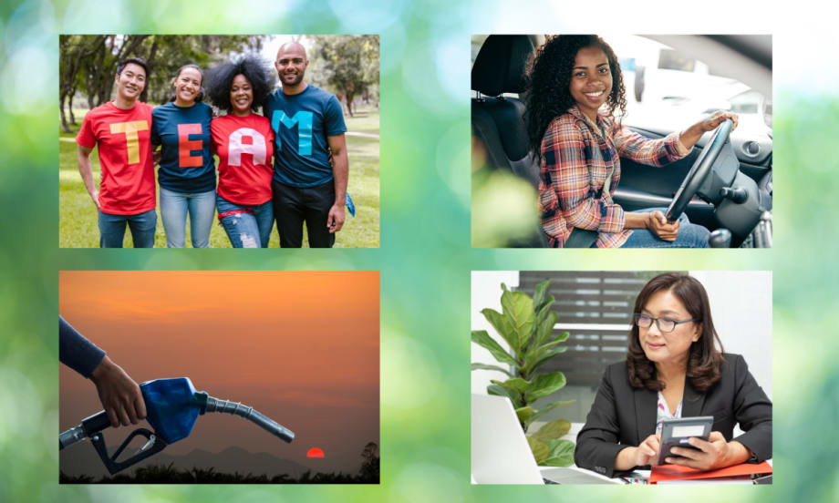 Collage of people, fuel pump, budget savings