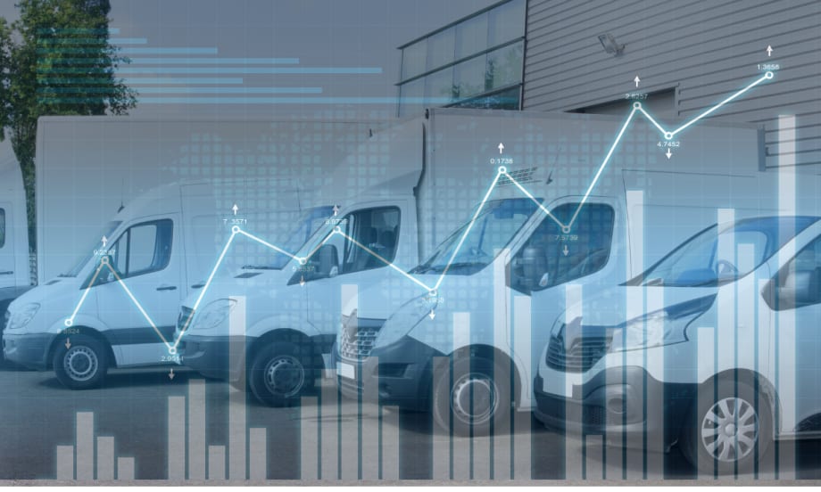 line of trucks and vans, graph overlay