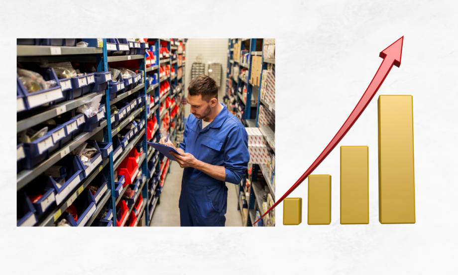 Technician cataloging parts, upward trend graph.