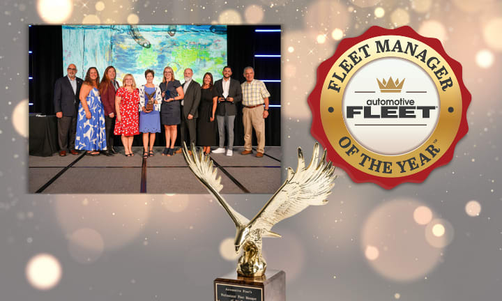 Graphic of fleet manager of the year winners, trophy, logo.