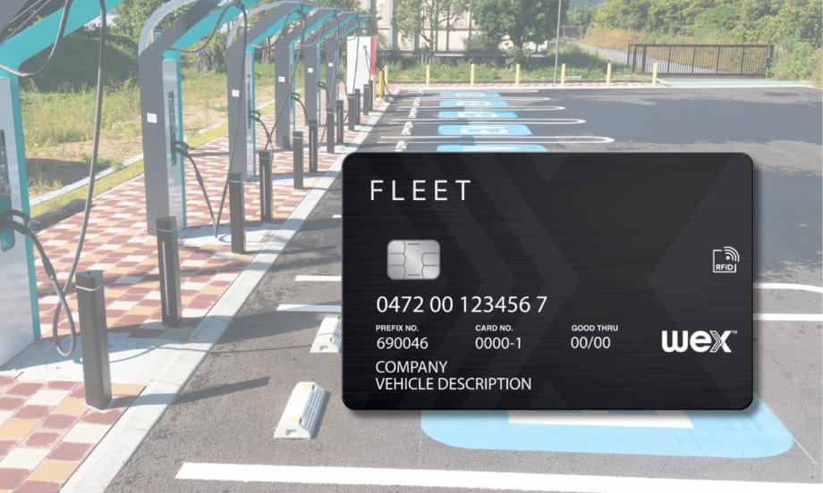 graphic of a fleet card with EV chargers in background