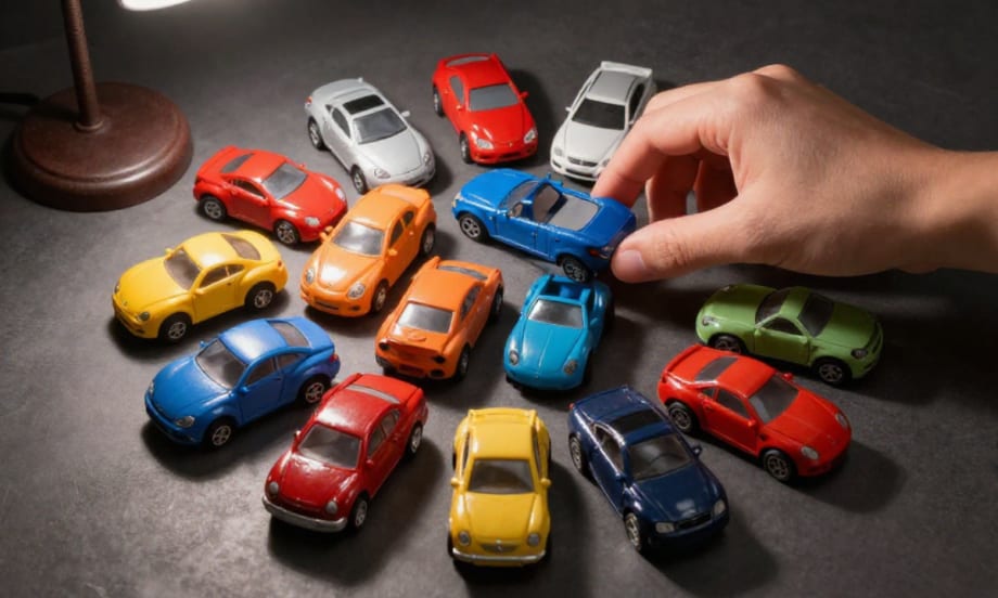 Hand moving toy cars.