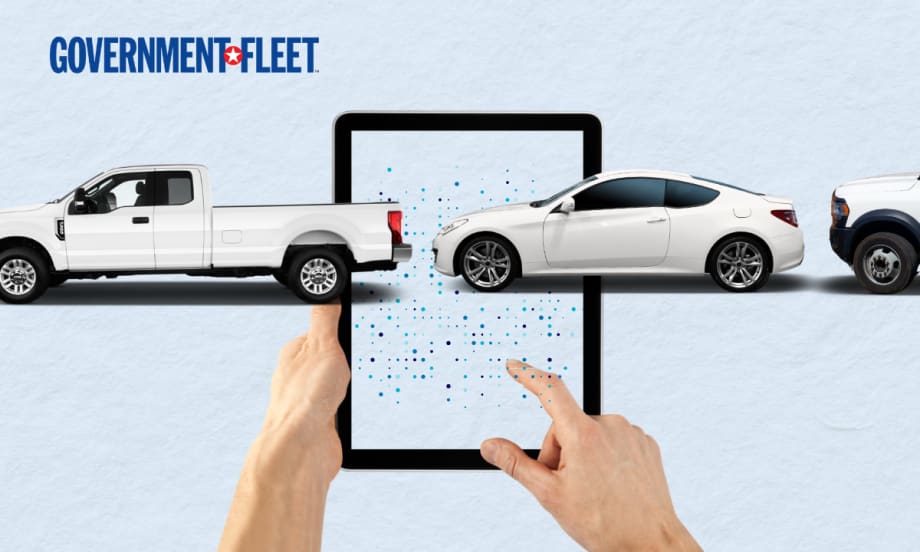 a GRAPHIC OF A TABLET WITH VEHICLES AND GF LOGO.