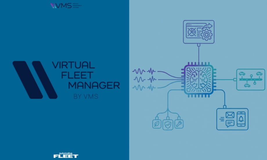 VMS Virtual Fleet Manager graphic showing a central AI chip connected to vehicle data, diagnostics, and system workflows across a fleet management platform.