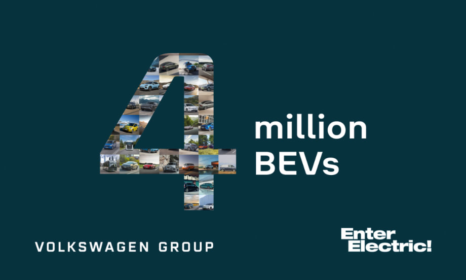 Volkswagen Group infographic highlighting the delivery of 4 million battery-electric vehicles, featuring the company logo and messaging about its global electric vehicle milestone.