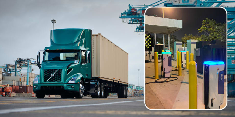 Volvo VNR Electric Tractor-Trailer with inset of Heliox EV chargers