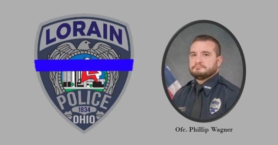 Lorain Police Department official badge and officer portrait with blue thin line emblem