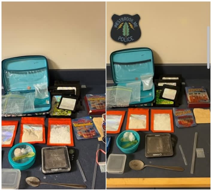 Westbrook Police evidence display with seized substances and police department logo