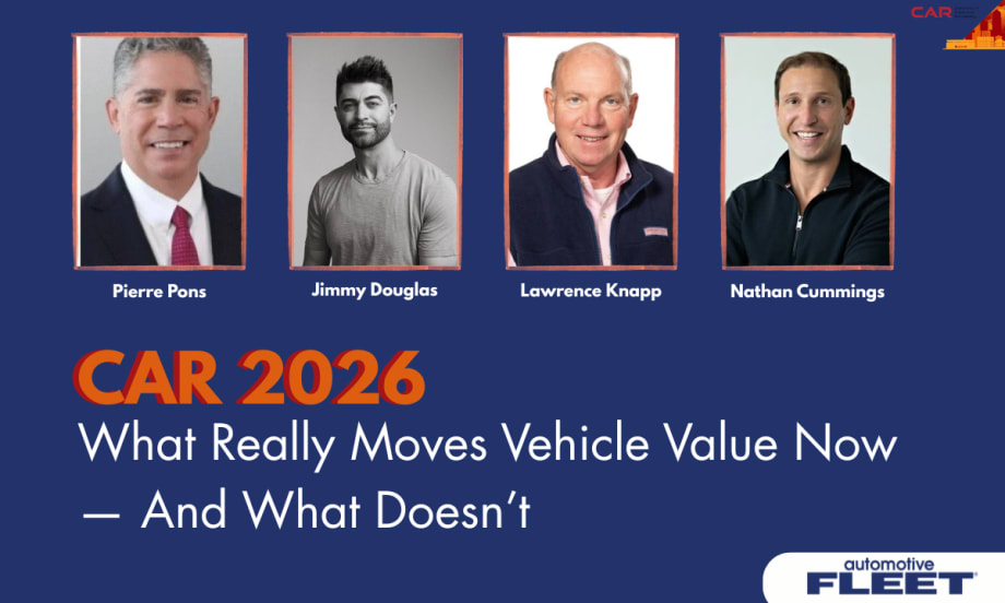 Graphic promoting a CAR 2026 conference session showing four speaker headshots above the title “What Really Moves Vehicle Value Now — And What Doesn’t” with automotive conference branding