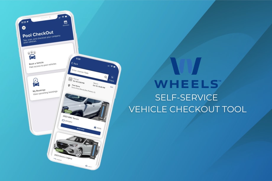 A graphic shows two cell phone screens displaying the Pool CheckOut app, with one showing the choice to book a vehicle or check current bookings, and the other showing available vehicle options.
