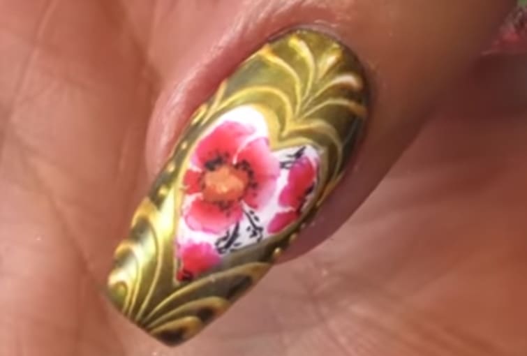 Wildflowers Gold Chrome and Rose Nail Art