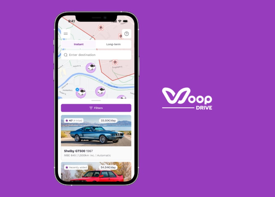 Woop logo with giant smartphone displaying rental cars.